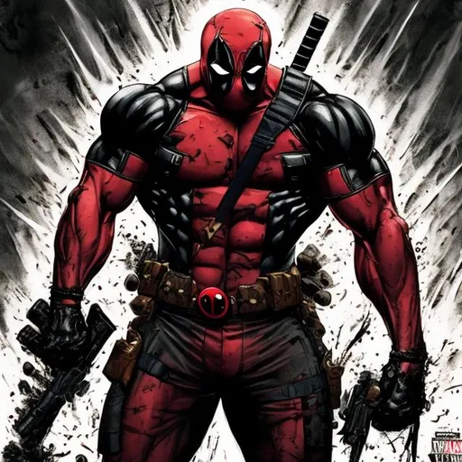 Prompt: Deadpool venom variant. muscular. dark gritty. Bloody. Hurt. Damaged. Accurate. realistic. evil eyes. Slow exposure. Detailed. Dirty. Dark and gritty. Post-apocalyptic. Shadows. Sinister. Intense. 