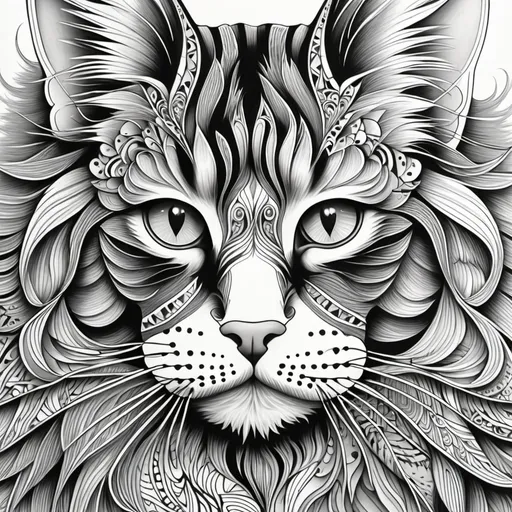 Prompt: Zentangle face of a Maine Coon cat's Head and shoulders, black and white, intricate patterns, adult coloring book style, high quality, detailed lines, professional, artistic, intricate, animal, monochrome, balanced shading, zentangle art, fine details, expressive eyes, majestic mane, captivating, intricate patterns, intense, meditative