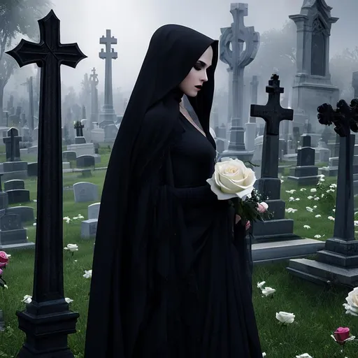 Prompt: A woman Goth with a veil in a cemetery with white rose. The painting style is inspired by Luis Royo and captures a proportionate body with high-definition photography quality. The painting is created in Unreal Engine 4, with 8K HD resolution, providing bright and intricate details.