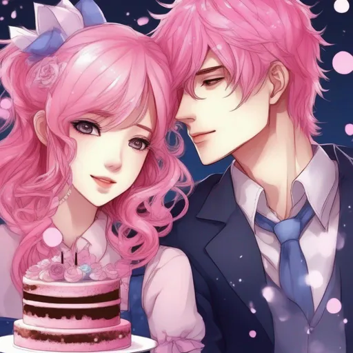 Prompt:   anime boy manhwa style cute and pretty, with eye pretty detailed,  With his partner a girl, with pink hair, Bright style, Detailed fingers, cake