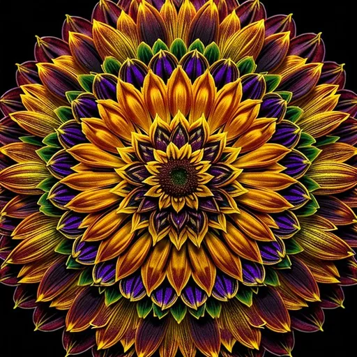 Prompt: extreme closeup, dark, Epic, Beautiful, Plasma {Carnation} gold silver black, beautiful intricately-colored, symmetrical, Beautiful and Gorgeous, hyper realistic, expansive sunflower field background, hyper realistic, 64K --s99500