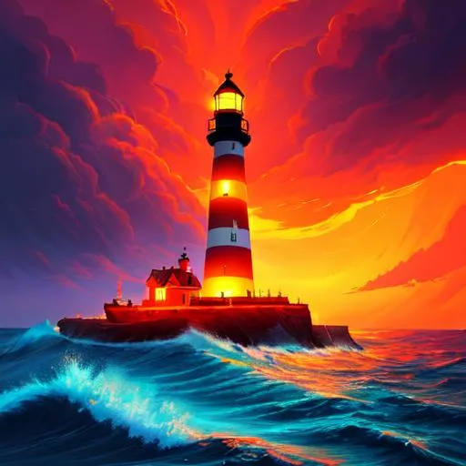 Prompt: painting of a lighthouse in the middle of a stormy ocean, anton fadeev and dan mumford, red glow in sky, “ painting, lamp, engulfed in swirling flames, award-winning painting, holding a lantern, by Martina Krupičková, by Samu Börtsök, light on top