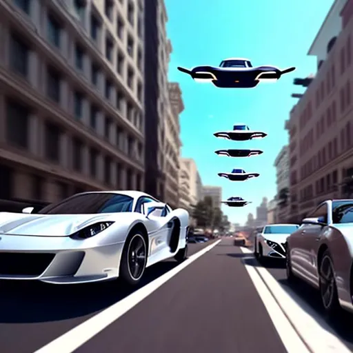 Prompt: cars that are flying in the air seamlessly navigating between buildings.