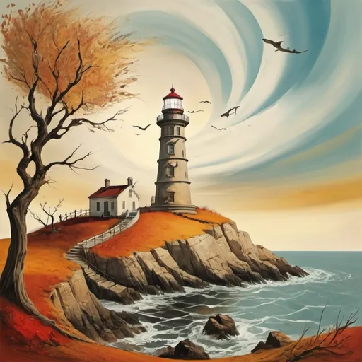 Prompt: A lighthouse in fall in the style of Salvador Dali