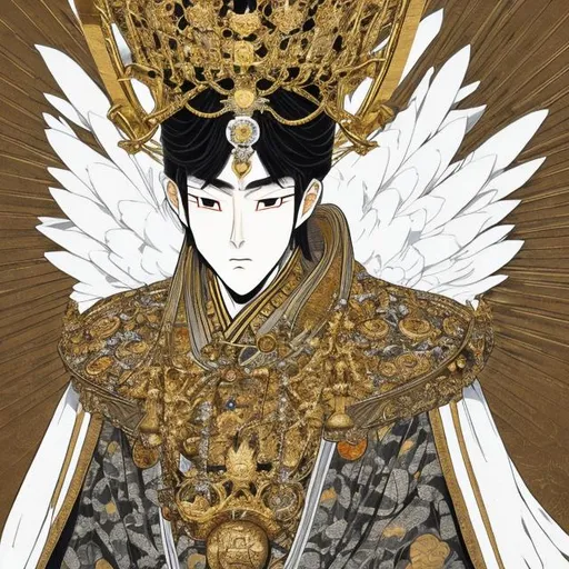 Prompt: toshiki yamamoto, emperor, god, gold crown, white robe, diamond rings