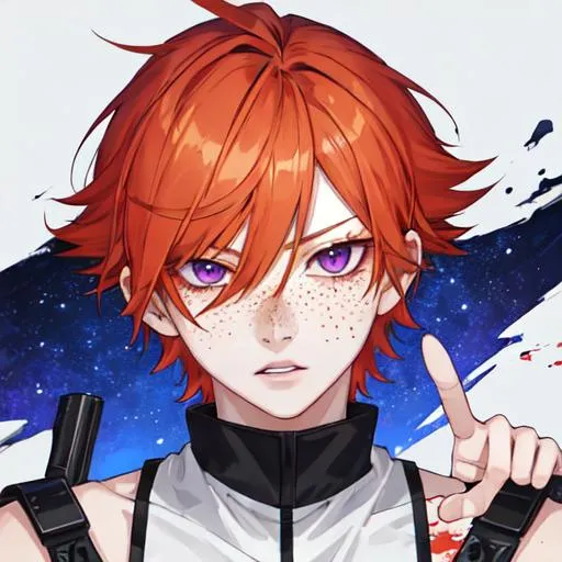 Prompt: Erikku male adult (short ginger hair, freckles, right eye blue left eye purple)  Highly detailed, insane detail, anime style, covered in blood, psychotic, pointing a shotgun straight at the camera, blood everywhere