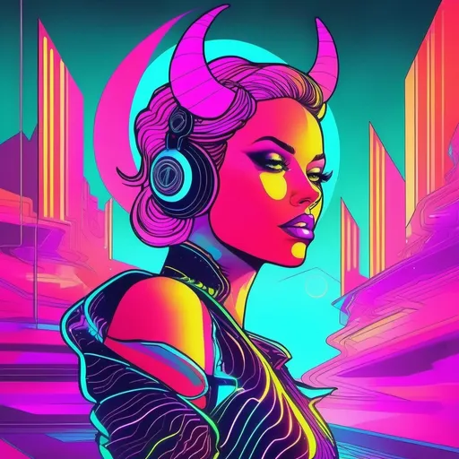 Prompt: a beautiful female demon in a dynamic pose in a retro futuristic synthwave neon paradise.  neon lighting, high quality, beautiful, masterpiece, artistic, synthwave, cyber, retro, futuristic