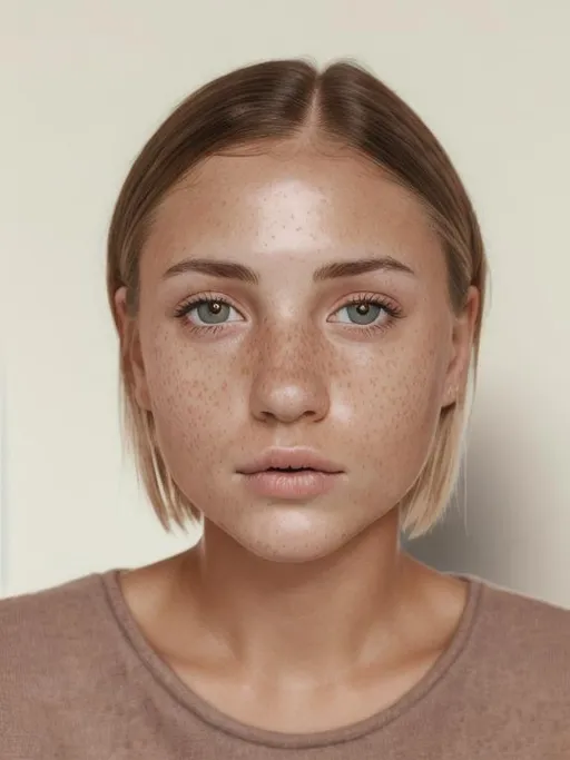 Prompt: photo realistic headshot of  three beautiful Scottish sisters, symmetrical face, pinkish tan complexion, short straight hair, heavy freckles, centered in frame, facing camera, symmetrical face, ideal human, 85mm lens, f8, photography, ultra details, natural light, light background, photo, Studio lighting