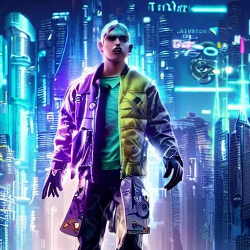 Prompt: Cyberpunk 17 teenyear old in the 8th dimension in the year 3900 whoes a crime fighting legend