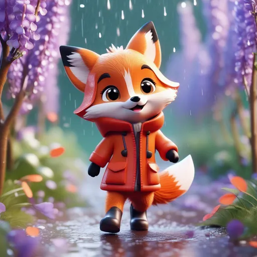 Prompt: Whimsical adorable character 3d octane render, wide shot, chibi extremely cute tiny fox going on adventure in the rain, beautiful scenery, wisteria flowers, spring time, red rain boots, big eyes, award winning, hypermaximalist, octane render, cinematic lighting, highly  detailed