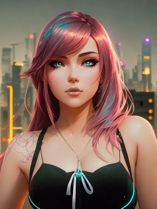 Prompt: A detailed portrait of a cyberpunk girl standing on a balcony, gazing out to the horizon, illuminated by a neon sunset, by Alex Konstad, Tatsuya Ishida, and Patrick Brown, dramatic lighting, hyper-realistic details, with digital painting techniques, trending on Artstation, cinematic cinematic lighting.
