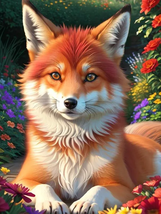 Prompt: (3D, 8k, masterpiece, oil painting, professional, best quality) Portrait of Vixey, Fox and Hound, brilliant red fur, brilliant amber eyes, big sharp 8k eyes, lying in flower garden, sweetly peacefully smiling, detailed smiling face, extremely beautiful, ,enchanted garden, vibrant flowers, vivid colors, lively colors, vibrant, high saturation colors, flower wreath, highly detailed fur, highly detailed eyes, highly detailed defined face, highly detailed defined furry legs, highly detailed background, full body focus, UHD, HDR, highly detailed, golden ratio, perfect composition, symmetric, 64k, Kentaro Miura, Yuino Chiri, intricate detail, intricately detailed face, intricate facial detail, highly detailed fur, intricately detailed mouth