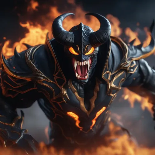 Prompt: a death knight with a Venom mouth (Venom movie), with horns forward on his forehead, orange fire eyes, Laughing, Hyperrealistic, sharp focus, Professional, UHD, HDR, 8K, Render, electronic, dramatic, vivid, pressure, stress, nervous vibe, loud, tension, traumatic, dark, cataclysmic, violent, fighting, Epic