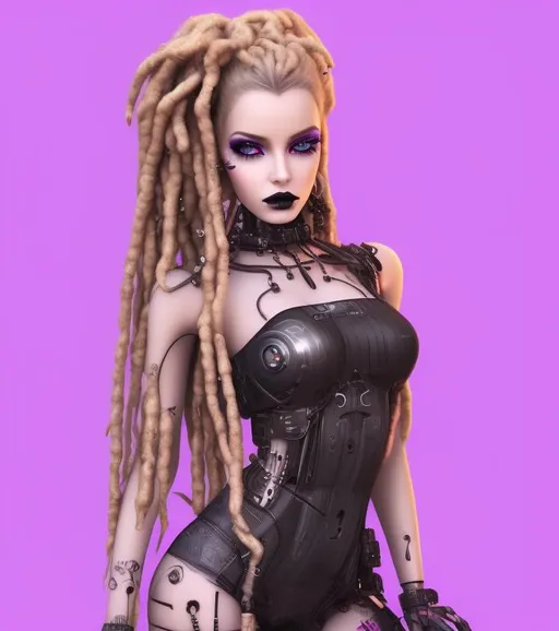 Prompt: beautifull woman,dark,goth,close up portrait,dreamy eyes,rasta hair,elegant,cyber punk,barbie