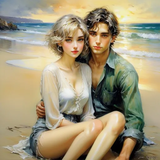 Prompt: (by Jose Royo:1.6) impressionist painting, semi-realistic, front view, woman with green eyes and short silver-blonde hair, bob cut style and a man with dark brown hair, undercut who resembles Levi Ackerman sit on a beach on the sand watching the sunrise, she sits between his legs and he holds her, thoughtful, in love, smiling, in the background is beach house, wearing casual clothing, masterpiece