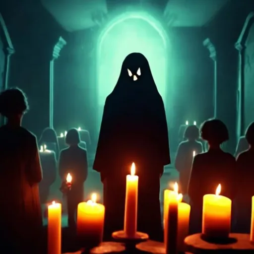 Prompt: An evil, terrifying ghost rises unseen behind the backs of a group of teenagers gathered around a oija board, in a dark room lit only by candles.