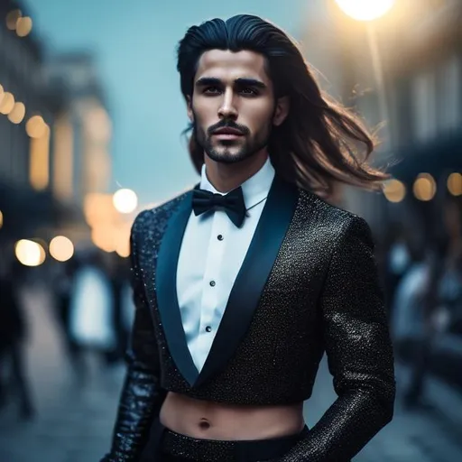 Prompt: a beautiful 4k photo of an attractive long-haired young man with a six pack abs wearing a crop top black long sleeve tuxedo with a bowtie and a bare midriff, exposed belly button, man is walking on the street, a full moon in the sky, detailed, sharp focus, face by wlop, extremely detailed, dramatic lighting, cinematic lighting, smooth, sharp focus trending on artstation, award winning art