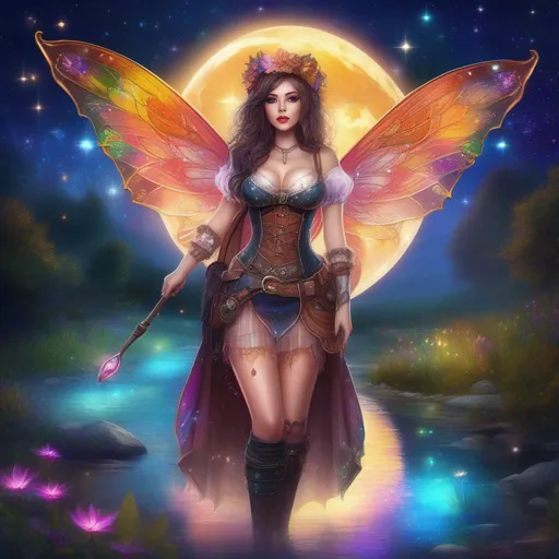 Prompt: Wide angle.  Whole body showing. Photo realistic. Very detailed illustration. Beautiful, buxom woman with broad hips and incredible  bright eyes, standing next to a stream on a breathtaking, colorful starry  night. Wearing a colorful, translucent, sparkling, dangling, skimpy, gossamer, sheer, flowing, steam-punk style, Witch style,  fairy outfit with wings that are distinct. With  winged fae flying about.