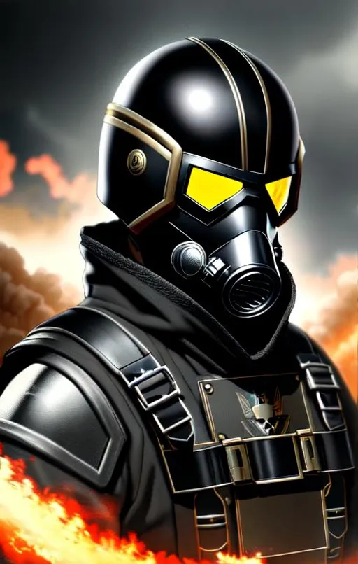 Prompt: Portrait soldier wearing a black futurist gasmask, platearmor black, masterpiece painting with detailed, battle background.