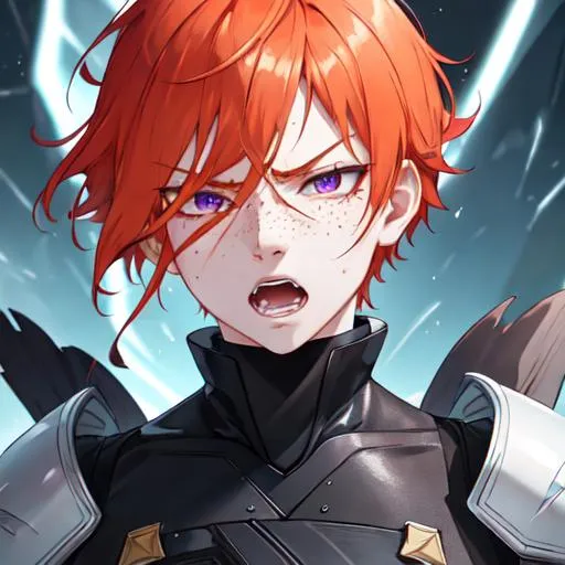 Prompt: Erikku male adult (short ginger hair, freckles, right eye blue left eye purple) UHD, 8K, Highly detailed, insane detail, best quality, high quality, in pain, angry