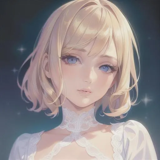 Prompt: (masterpiece, illustration, best quality:1.2), short trimmed blonde hair,  angelic eyes, wearing white silky nightgown, best quality face, best quality, best quality skin, best quality eyes, best quality lips, ultra-detailed eyes, ultra-detailed hair, ultra-detailed, illustration, colorful, soft glow, 1 girl