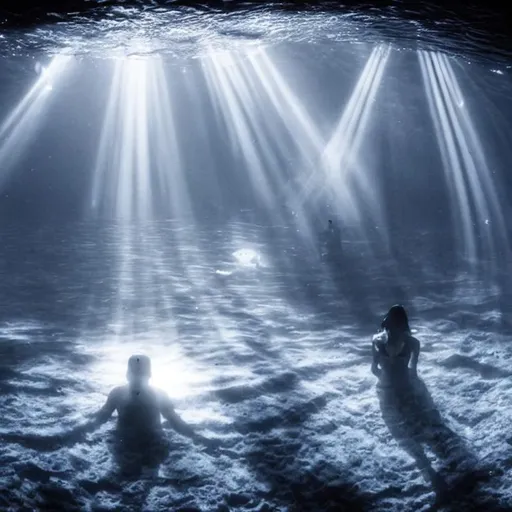 Prompt: long shot, underwater, mysterious, surrealism, heavenly lighting, ethereal atmosphere, liminal space