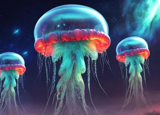 Prompt: Alien Space Jellyfish long shot scenic professional photograph of the starry sky, perfect viewpoint, highly detailed, wide-angle lens, hyper realistic, with dramatic sky, polarizing filter, natural lighting, vivid colors, everything in sharp focus, HDR, UHD, 64K