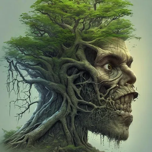 Prompt: Create concept art of tree roots growing from human head and trunk growing from human eyes.