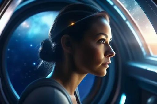 Prompt: Woman looking outside the window from the inside of a spaceship at a nebula, UHD, hyper-realistic, cinematic lighting, photo-realistic, 8k