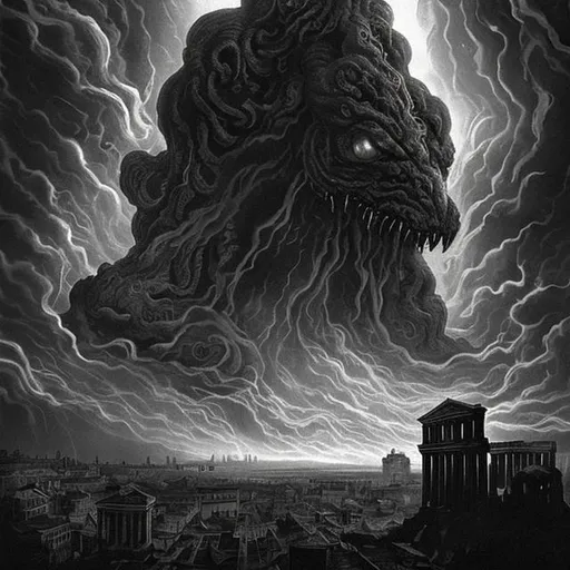 Prompt: it's Rome but in a Lovecraft story. Seen by the sky.
With darkness in form of black fog that envelope the city and shadow all around.
The shadow of a big shadow monster, with claws dangerous on the city, it is on the background behind the cloud and thunder creates spot of light. Only the eyes of the monster are illuminated.
Look like a Dave McKean artstyle but colored by Marvel artist.
Main colors are black, white, blue 