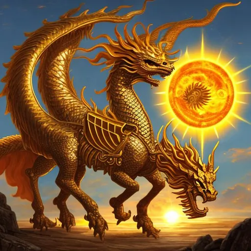 Prompt: a sun dragon pulling helios' sun chariot