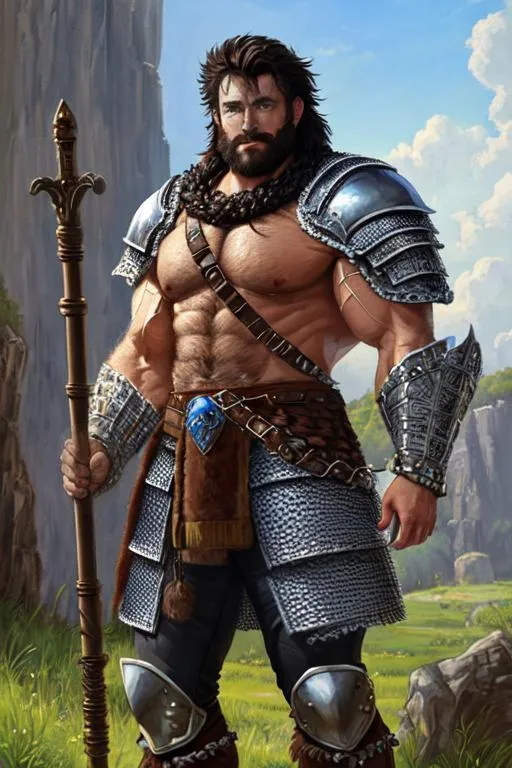 Prompt: oil painting, full body, hairy chested, hairy forearms, strong muscular, male warrior character, wears chainmail armor, has short black hair cropped above his ears and blue eyes, armored boots, he holds a wooden staff, 