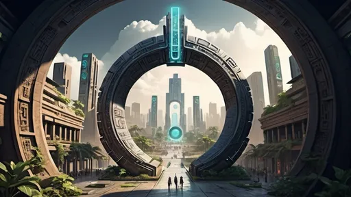 Prompt: magical portal between cities realms worlds kingdoms, circular portal, ring standing on edge, upright ring, freestanding ring, hieroglyphs on ring, complete ring, ancient aztec architecture, gardens, hotels, shopping malls, large wide-open city plaza, panoramic view, futuristic cyberpunk tech-noir setting