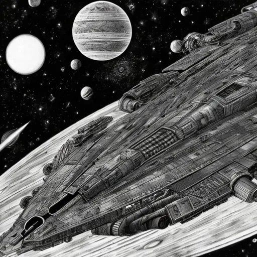 Prompt: Starship fleet, dark, black and white, Manga, space, Junji Ito