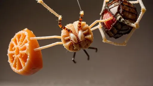 Prompt: A terrifying cheesy meat spider ensnaring a candy moth in a web of string cheese