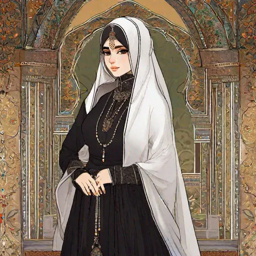 Prompt: A Persian woman in noble dress.
She wears a black dress and a light veil on her face.  rpg art. 2d art. 2d.