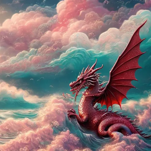 Prompt: red sparkly dragon with cloud and ocean wave and fish in the ocean, pastel colors, reflective, perfect composition, hyperrealistic, super detailed, 8k, high quality, trending art, trending on artstation, sharp focus, studio photo, intricate details, highly detailed, Trending on Artstation, Cozy wallpaper, Pastel colors, soft lighting