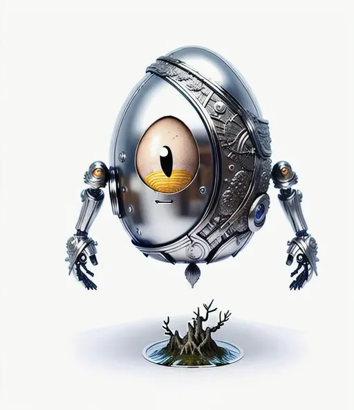 Prompt: One Eyed Humanoid Egg, intricate exoskeleton made of chrome,(beautiful fantasy landscape in background, photorealistic, high resolution, high quality, mountains, Large waterfall, Winding river, high fantasy, magical, vivid, magical forest, lush, exotic, misty), 