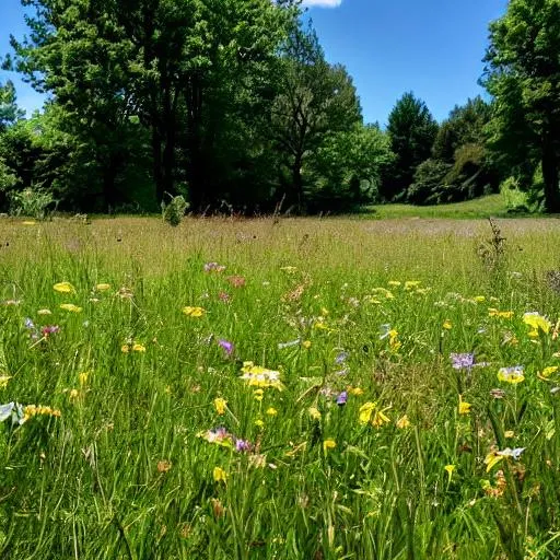 Prompt: high quality photo of a peaceful meadow on a sunny summers day