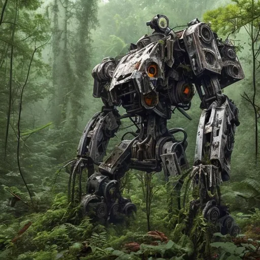 Prompt: destroyed overgrown mech in a forest