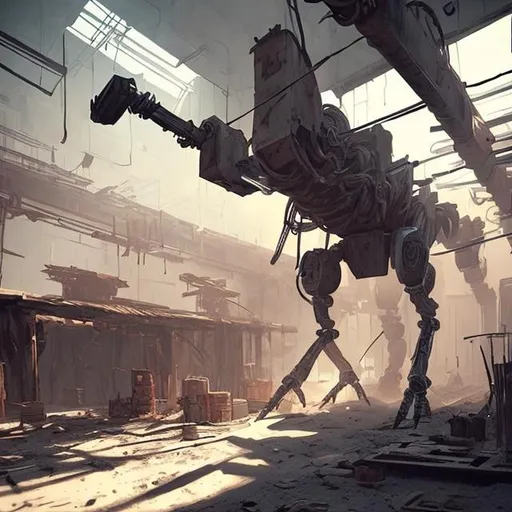 Prompt: Kenshi vibes crafting indoor machinery robots crafting benches, worktables, industrial atmosphere, digital art style abstract brushstrokes inside a building