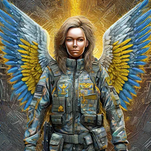 Prompt: digital super-detailed art illustrating that "Ukrainian Angels of the tactical medicine". full-body picture with a detailed face`s zones. Multi-contrasts (scene plans and elements, colors, lights, forms, lines, rhythms, negative and positive space). Crisp quality in added Ukrainian modern cultural elements. Holographic effect on solid surfaces. Composition, Structures, Edges are based on Fractals and Fibonacci set