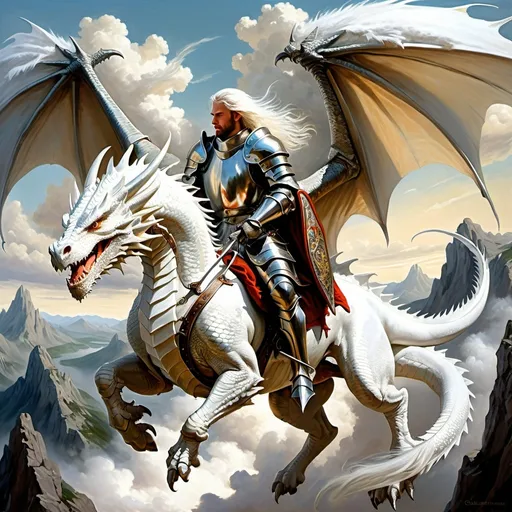 Prompt: Dragon rider Chivalric Knight in realistic oil painting, flying through the sky, majestic white dragon with vibrant white scales and fur, white ethereal wings, flowing white hair, fierce expression, mythical landscapes, high fantasy, oil painting, vibrant colors, epic scale, detailed armor, stunning face, atmospheric lighting, professional, highres, fantasy, oil painting, dragon rider, Chivalric Knight , flying, majestic, Dragon's face is bearded, ethereal, fierce expression, pale colors, high fantasy