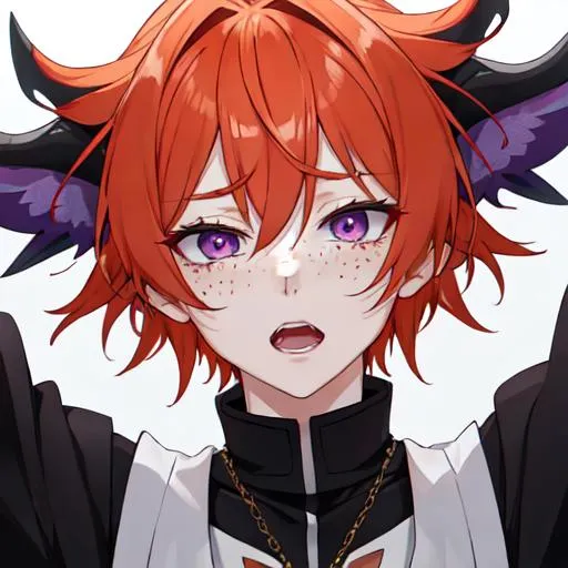 Prompt: Erikku male adult (short ginger hair, freckles, right eye blue left eye purple) UHD, 8K, Highly detailed, insane detail, best quality, high quality,  anime style, in purgatory, yelling, crying out for help