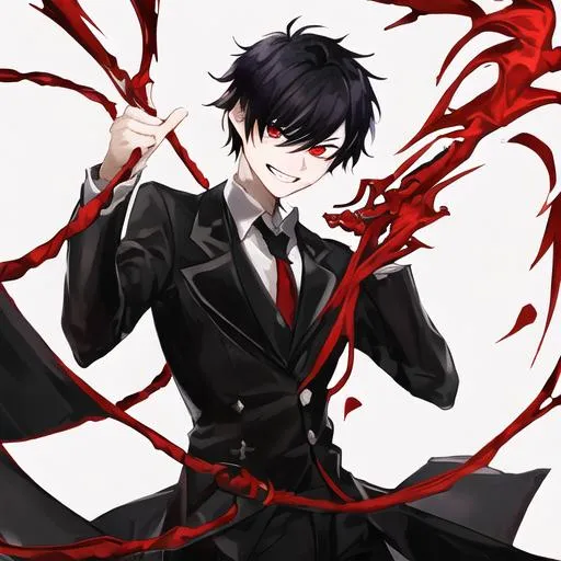 Prompt: Damien (male, short black hair, red eyes) grinning seductively, holding a whip