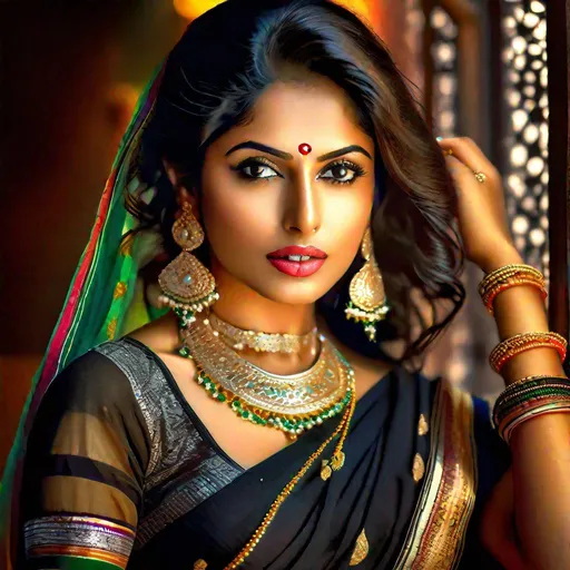 Prompt: Hyperrealistic hyperdetailed HDR potrait picture in
 bright lighting, a hot poster with sister looking into camera, detailed lips, deepest cleavage, transparent black saree, bindi and bangles and mangalsutra, zoomed lips, cover girl, detailed facial expression of sexuall6 inviting look, sexual tension, no blouse, visible arousal