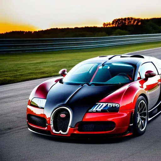 Prompt: Bugatti Veyron EB 16.4 taking a corner at Watkins glen, intense, racing, brake light trail, headlight trail, long exposure,