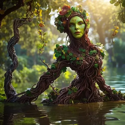 Prompt: Beautiful Treant woman, colorful flowers (wooden skin:1.3), brown straight vines, face made out of vines, flowers, waist deep in water, by wlop