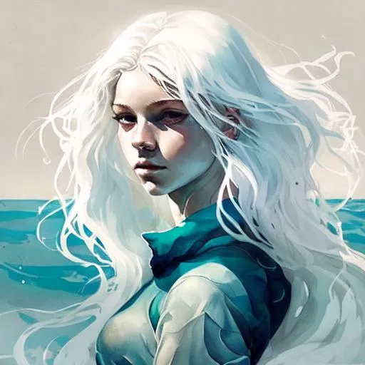 Prompt: young girl in the ocean, she has white hair and a long white tail. She is a mermaid.