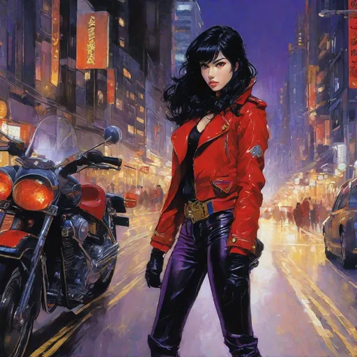 Prompt: Third person, high quality, high resolution, detailed, portrait, motorcyclist, vampire, tanned white skin, bright purple eyes, long wavy black hair, confident and imposing young woman holding a motorcycle helmet, red and gold coat with cuffed pants and tall boots with gold straps, vibrant city at night, anime style, Studio Ghibli, detailed print by Hayao Miyazaki, 